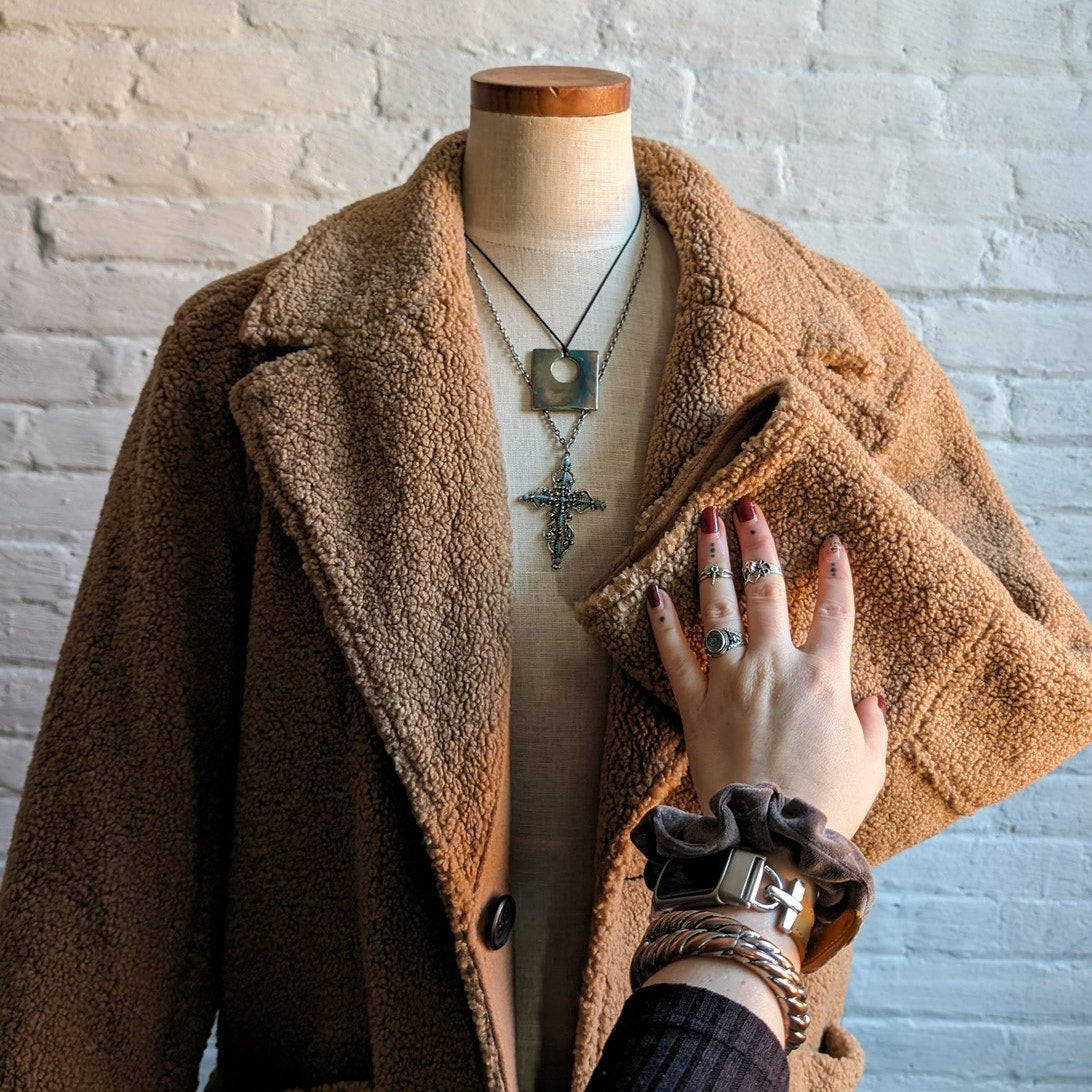 Brown Faux Fur Coat Teddy Jacket Quilted Puffer Coat Designer Reversible Large