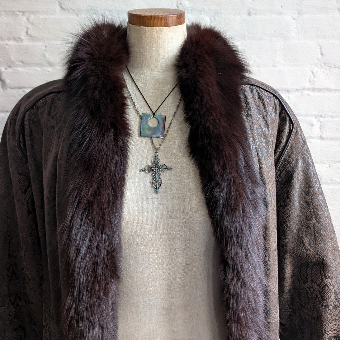 Vintage Black Leather Snakeskin Trench Coat Minimalist Penny Lane Fox Fur Jacket