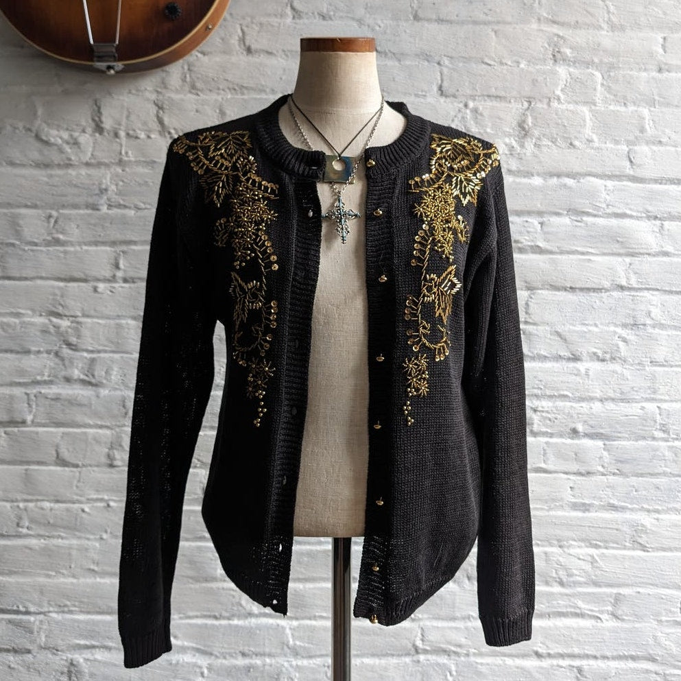 Vintage Black Knit Cardigan Gold Beaded Sweater Glam Goth Granny Chic Top Small