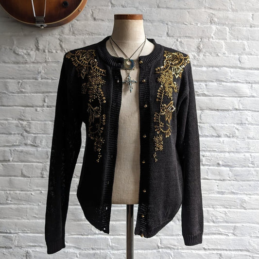 Vintage Black Knit Cardigan Gold Beaded Sweater Glam Goth Granny Chic Top Small
