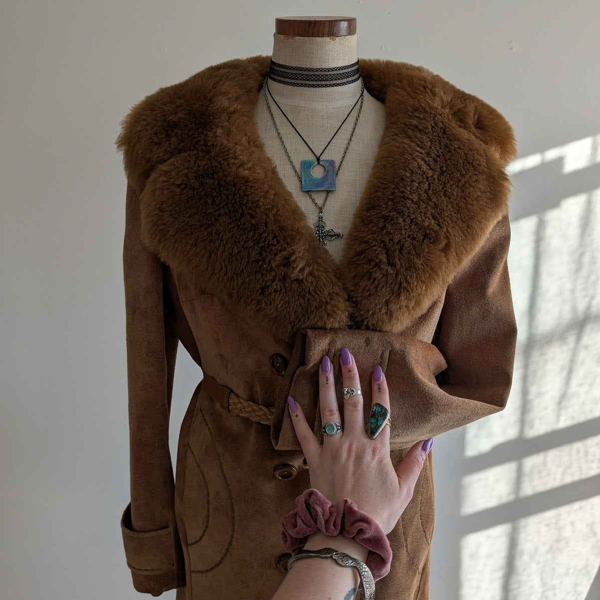 Vintage Brown Suede Penny Lane Coat Fur 70s Leather Jacket Boho Afghan Medium