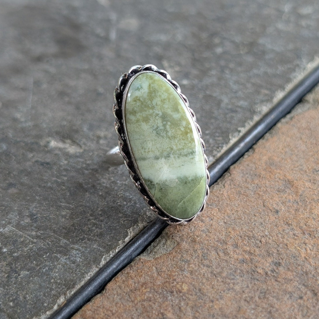 Green Sage Boho Statement Ring Oval Silver Vintage Groovy Southwest Chic Size 8