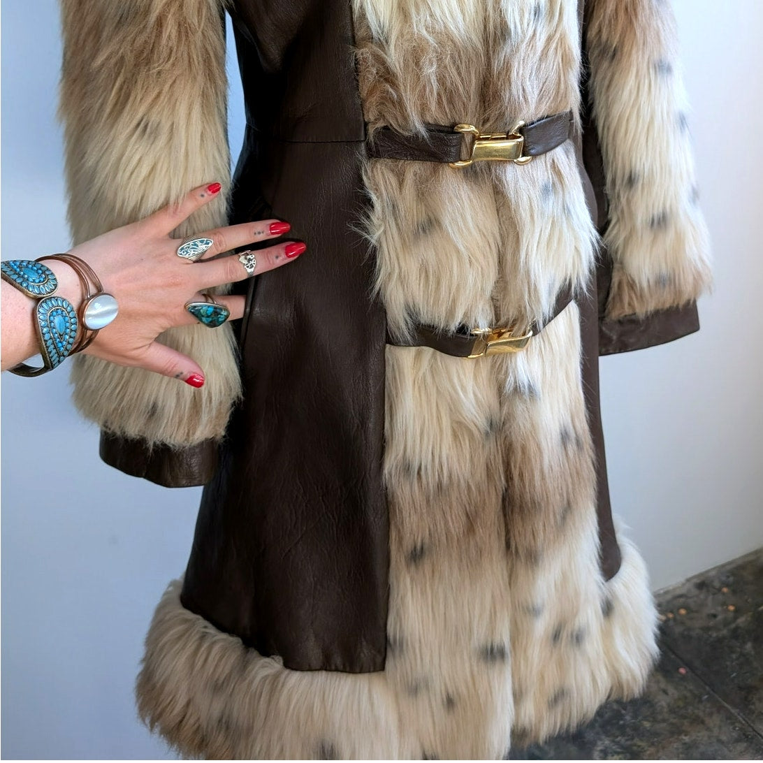 Vintage Cheetah Faux Fur Afghan Coat Leather Penny Lane Shaggy Trench Jacket