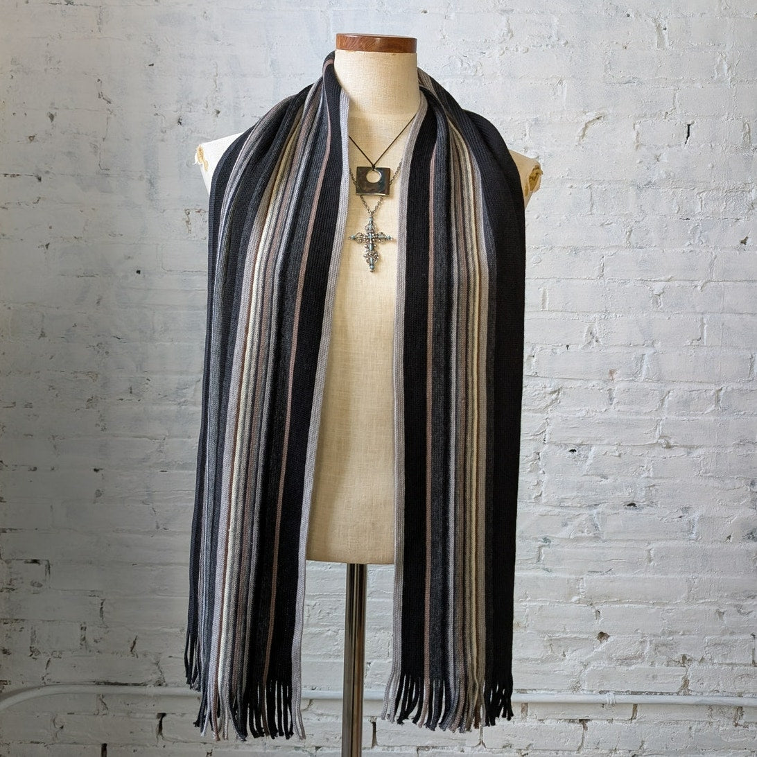 Vintage Blue Knit Wool Striped Scarf Preppy Retro Minimalist Knit Fringe Wrap