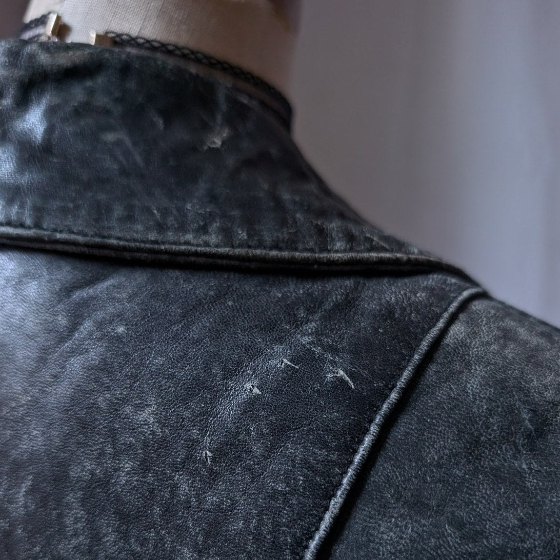 90s Vintage Black Leather Trench Coat L Slouchy Model Off Duty Leather Jacket