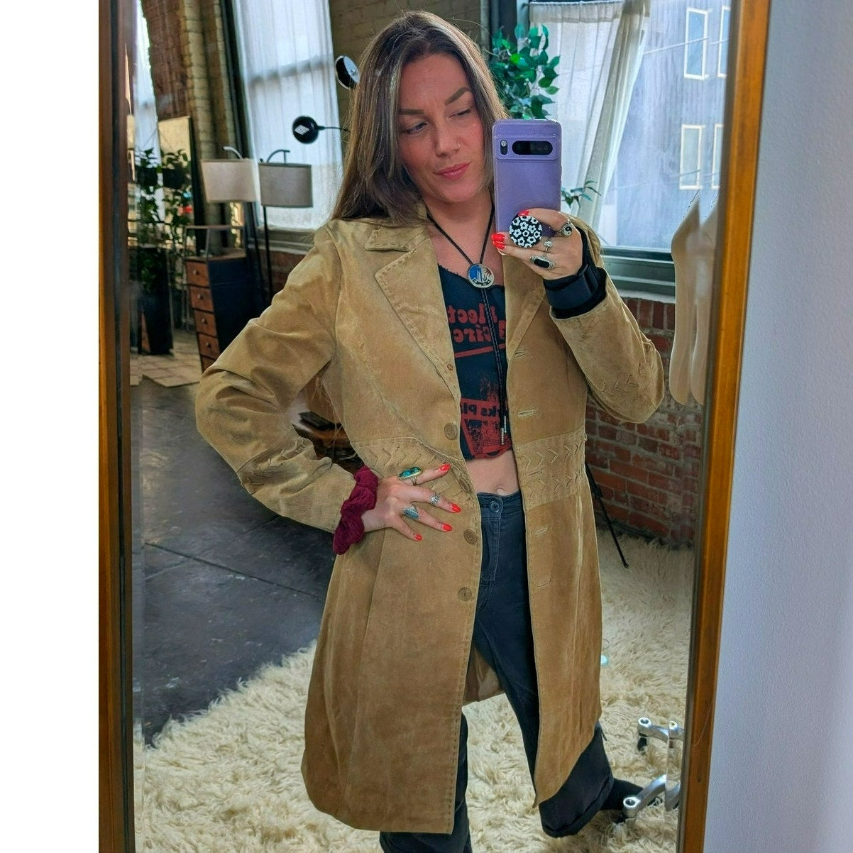 Y2K Tan Leather Trench Coat Neutral Suede Jacket Penny Lane Western Boho Large