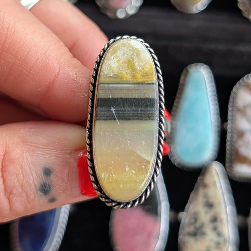 Yellow Striped Boho Statement Ring Sterling Silver Vintage Southwest Size 7.75