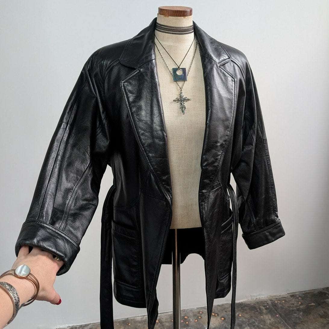 Vintage Black Leather Jacket Trench Coat Minimalist Goth Moto Biker Jacket Small