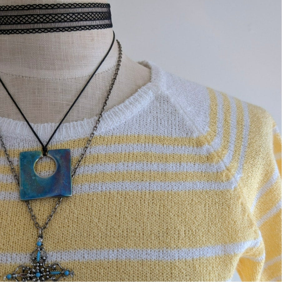 Vintage 90s Yellow White Striped Knit Top S Basic Editions Short Sleeve Sweater