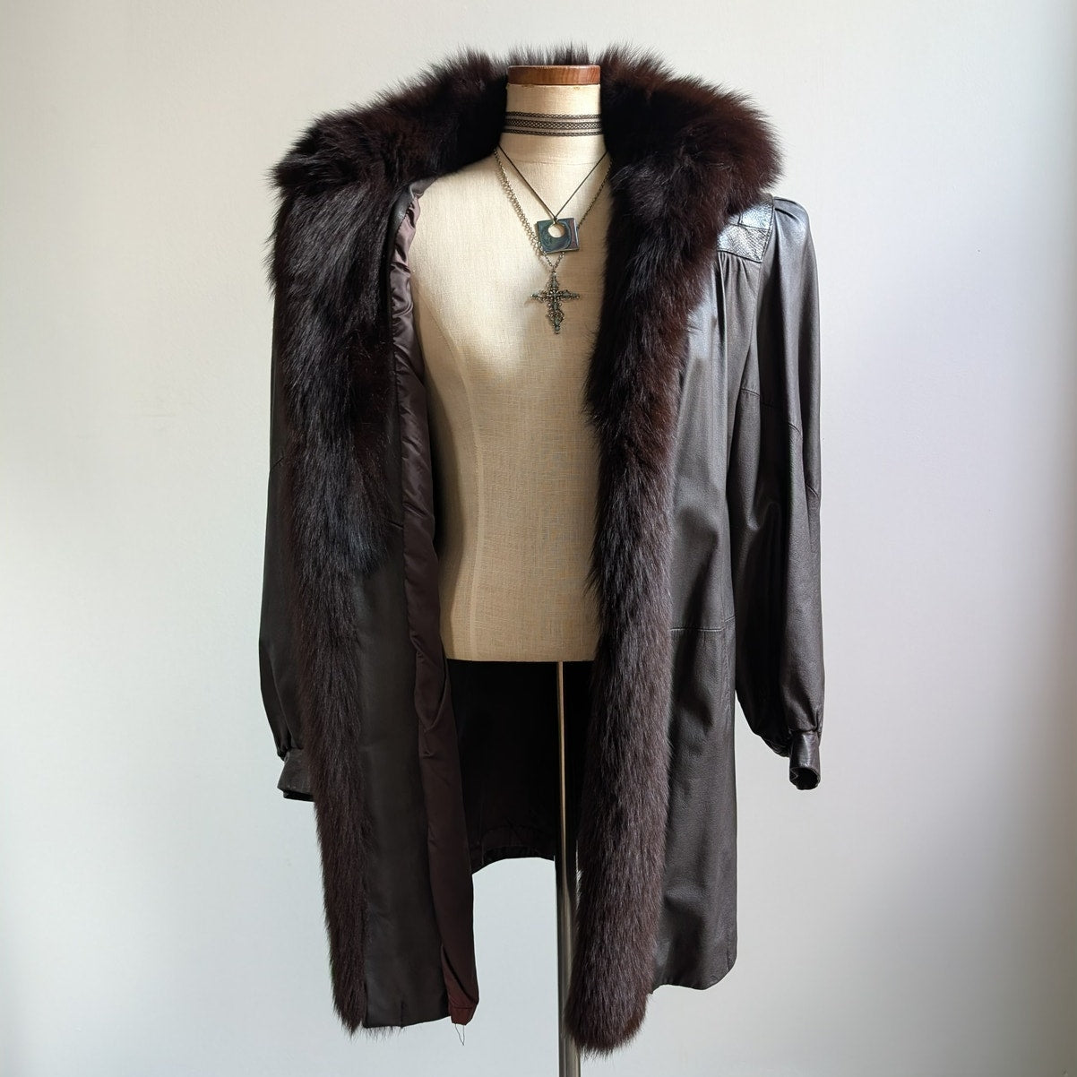 Vintage Black Leather Trench Coat Fur Penny Lane Jacket Goth Minimalist Large