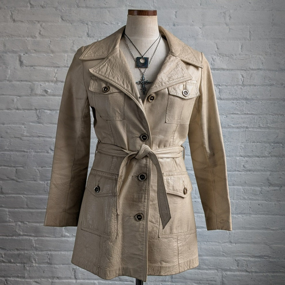 70s Vintage White Genuine Leather Trench Coat Minimalist Boho Moto Biker Jacket