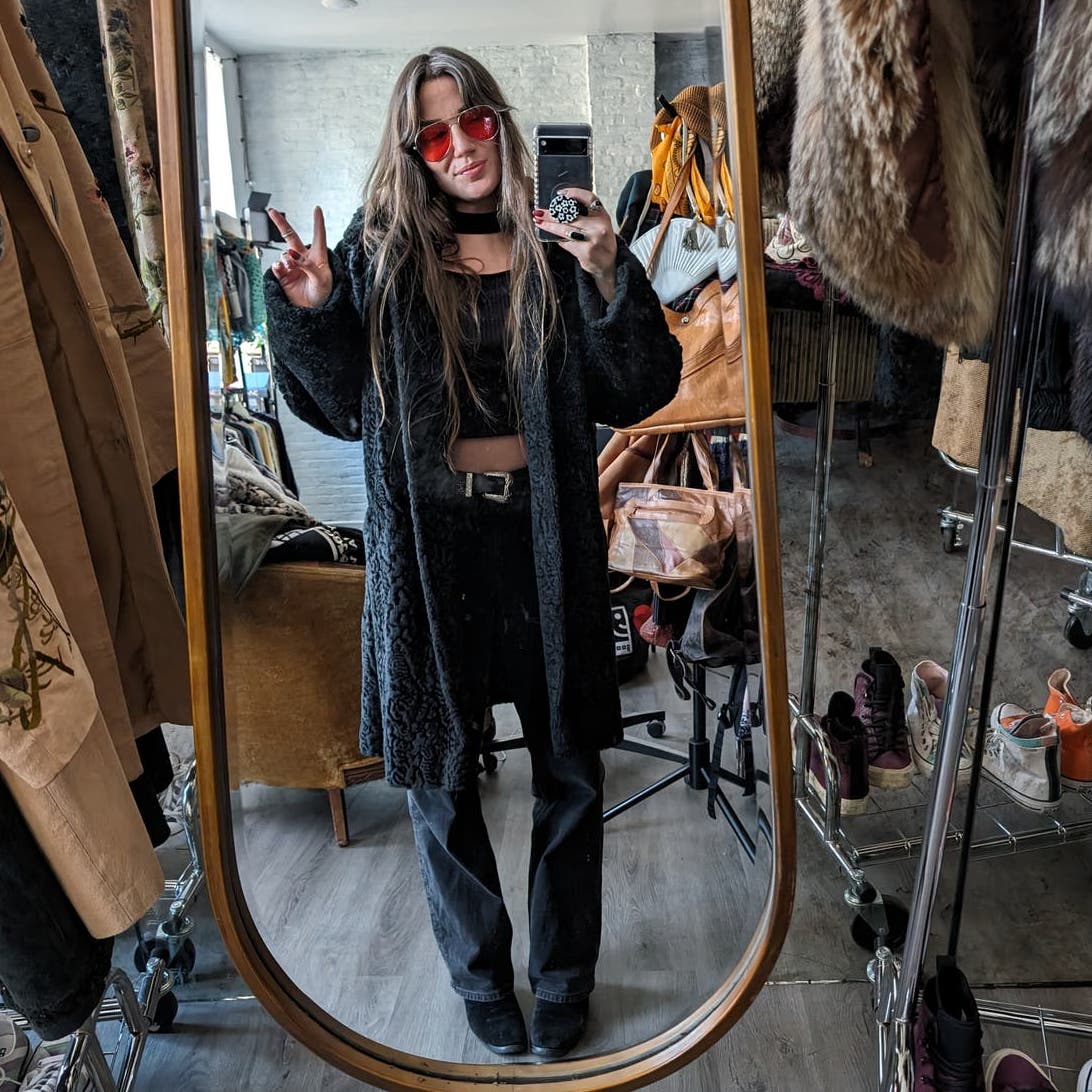 70s Vintage Vegan Afghan Velvet Faux Fur Coat Mob Wife Black Penny Lane Jacket