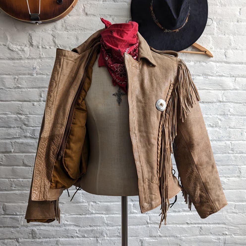 Vintage Light Caramel Brown Southwest Leather Fringe Biker Jacket