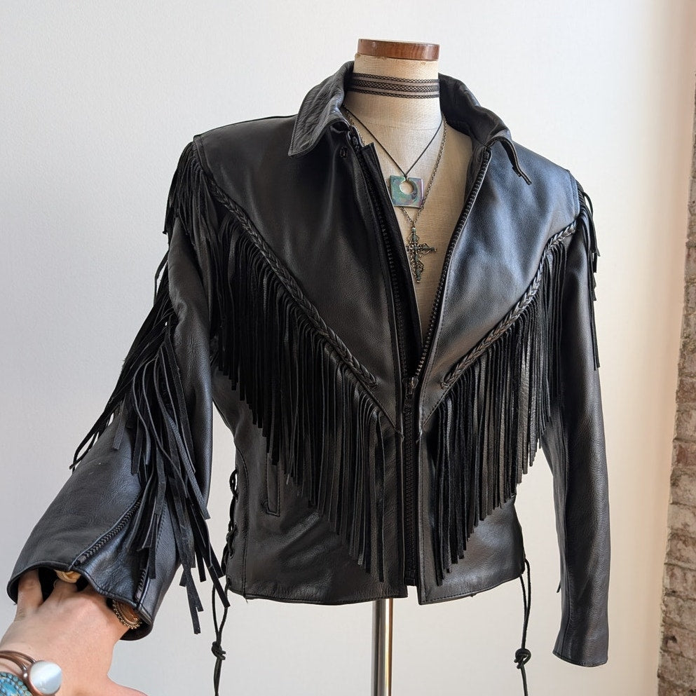 Vintage Black Leather Biker Jacket Fringe Sexy Moto Cowgirl Western Coat Small