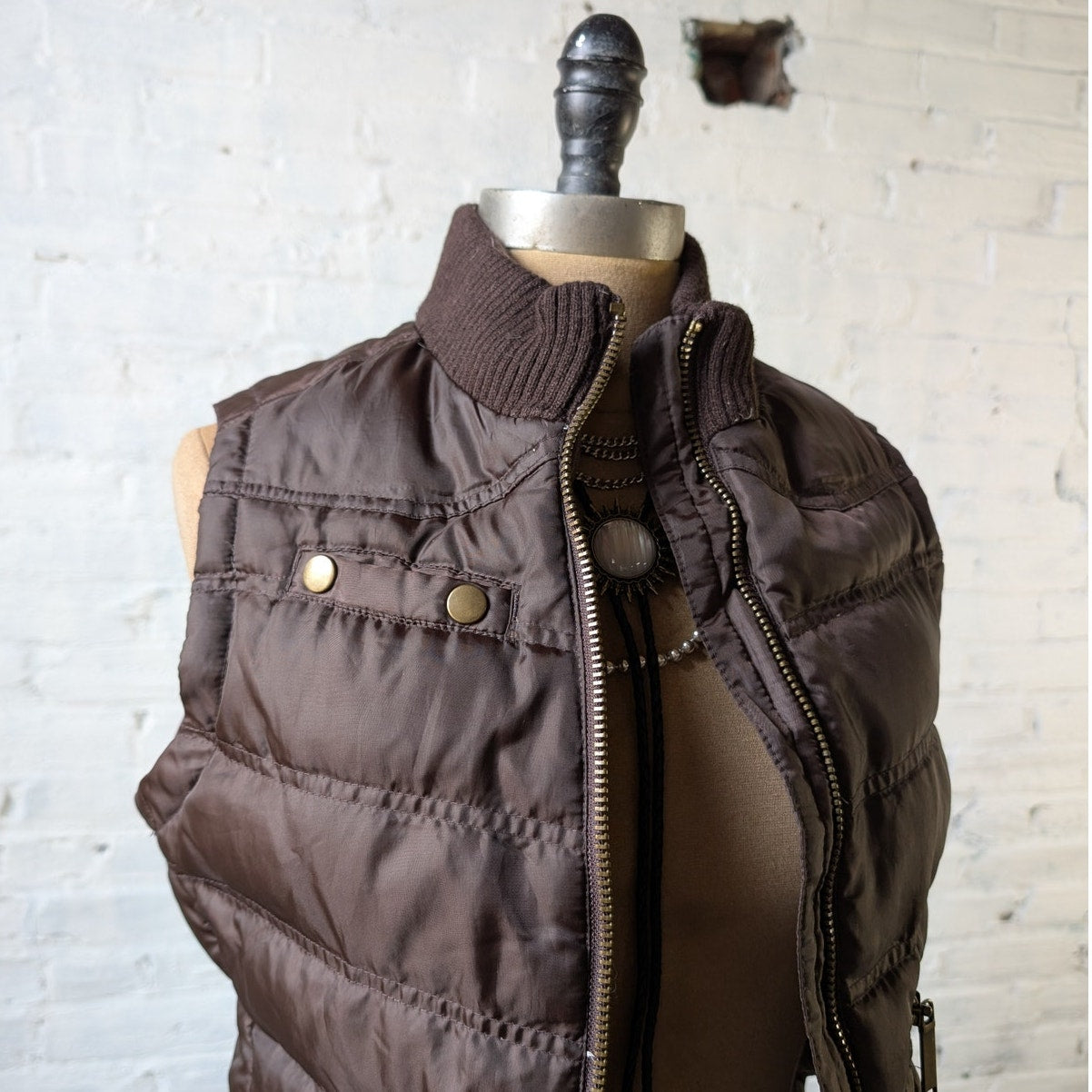 Y2K Dark Chocolate Brown Puffer Vest Quilted Cropped Thermal Zip Up Jacket Top