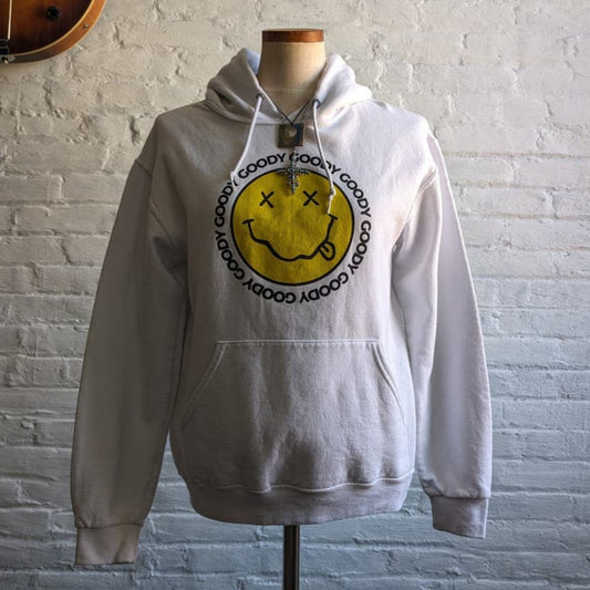 Y2K White Smiley Face Sweater Retro 90s Graphic Print Groovy Trippy Sweatshirt