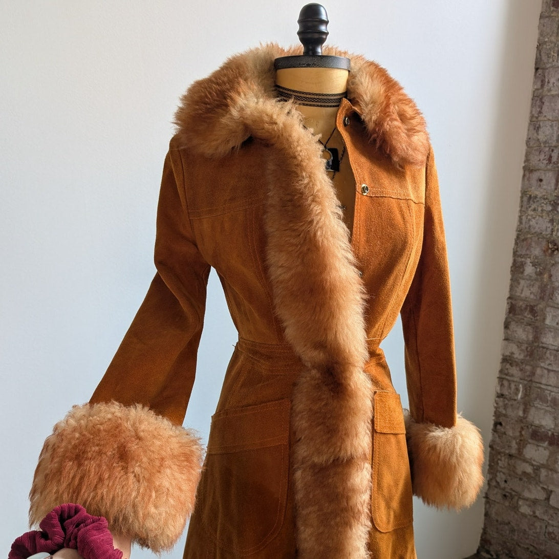 Vintage Orange Suede Penny Lane Afghan Trench Coat Fur Trim 70s Leather Jacket S