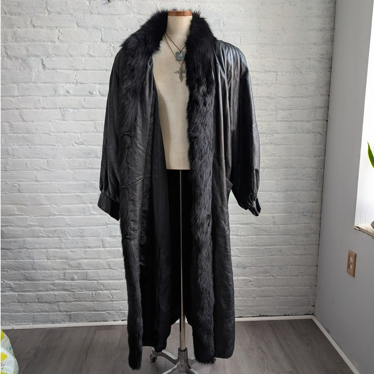 Vintage Black Leather Fox Fur Penny Lane Trench Coat Minimalist Duster Jacket