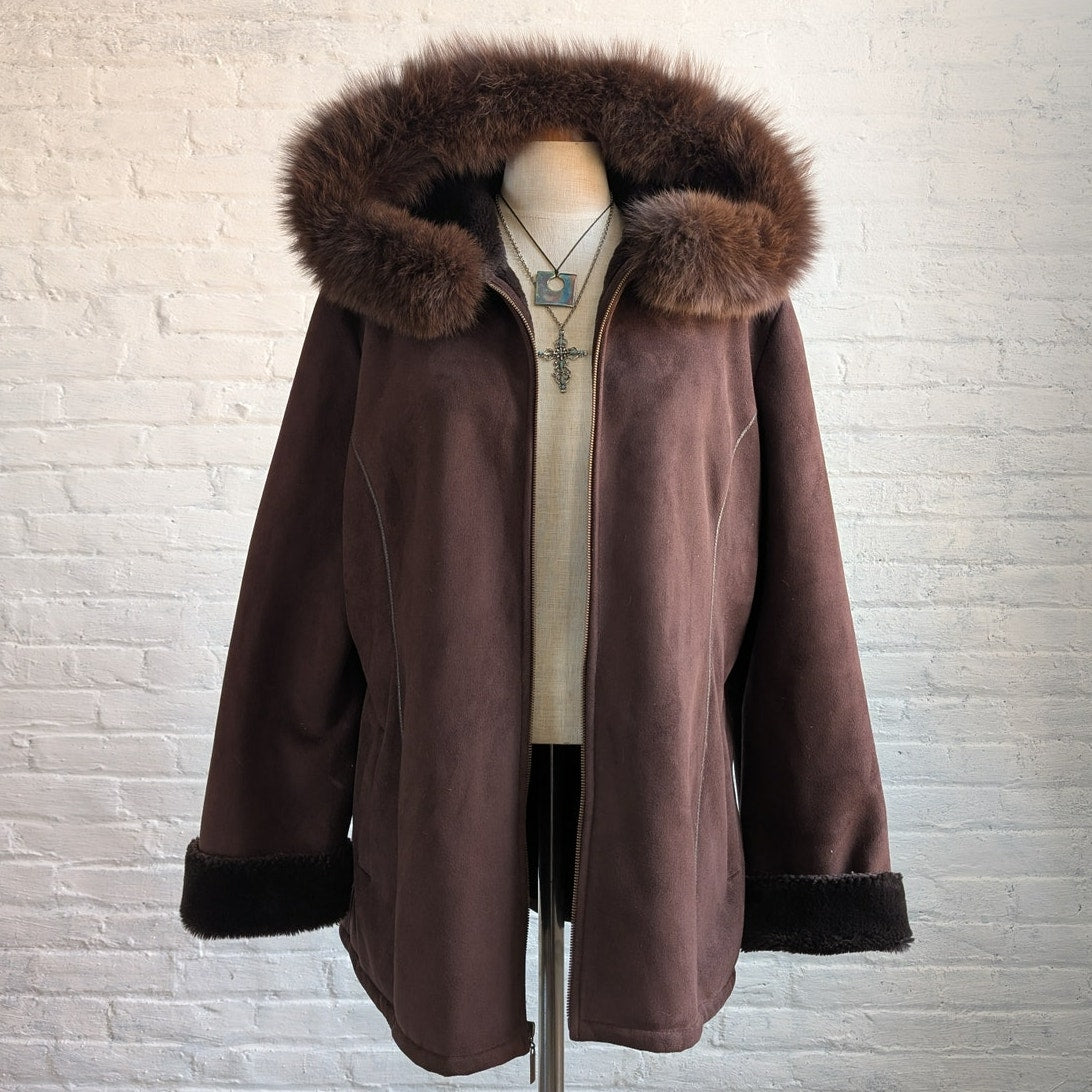 Vintage Brown Faux Suede Fox Fur Trim Coat Minimalist Mini Trench Boho Jacket