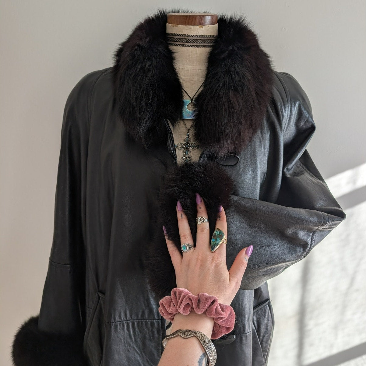 Vintage Black Leather Penny Lane Jacket Fur Trim Goth Afghan Trench Coat Small