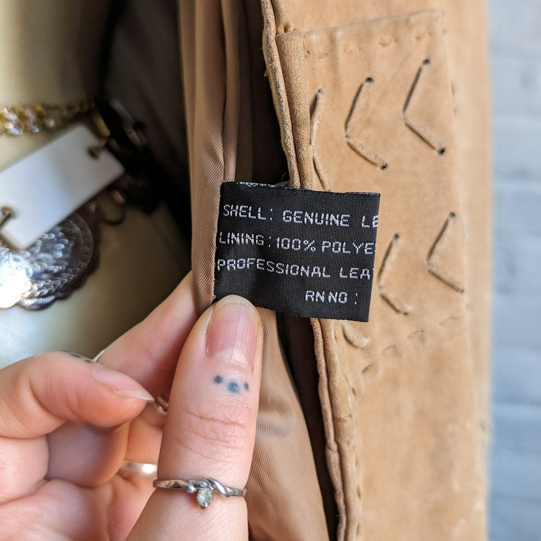 Y2K Tan Leather Trench Coat Neutral Suede Jacket Penny Lane Western Boho Large