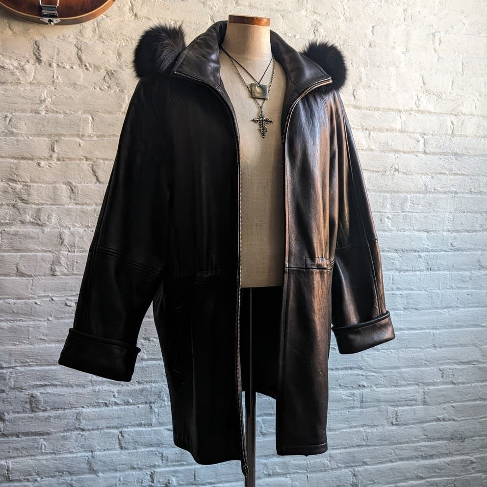 Vintage Black Leather Biker Fur Trench Coat Minimalist Penny Lane Duster Jacket