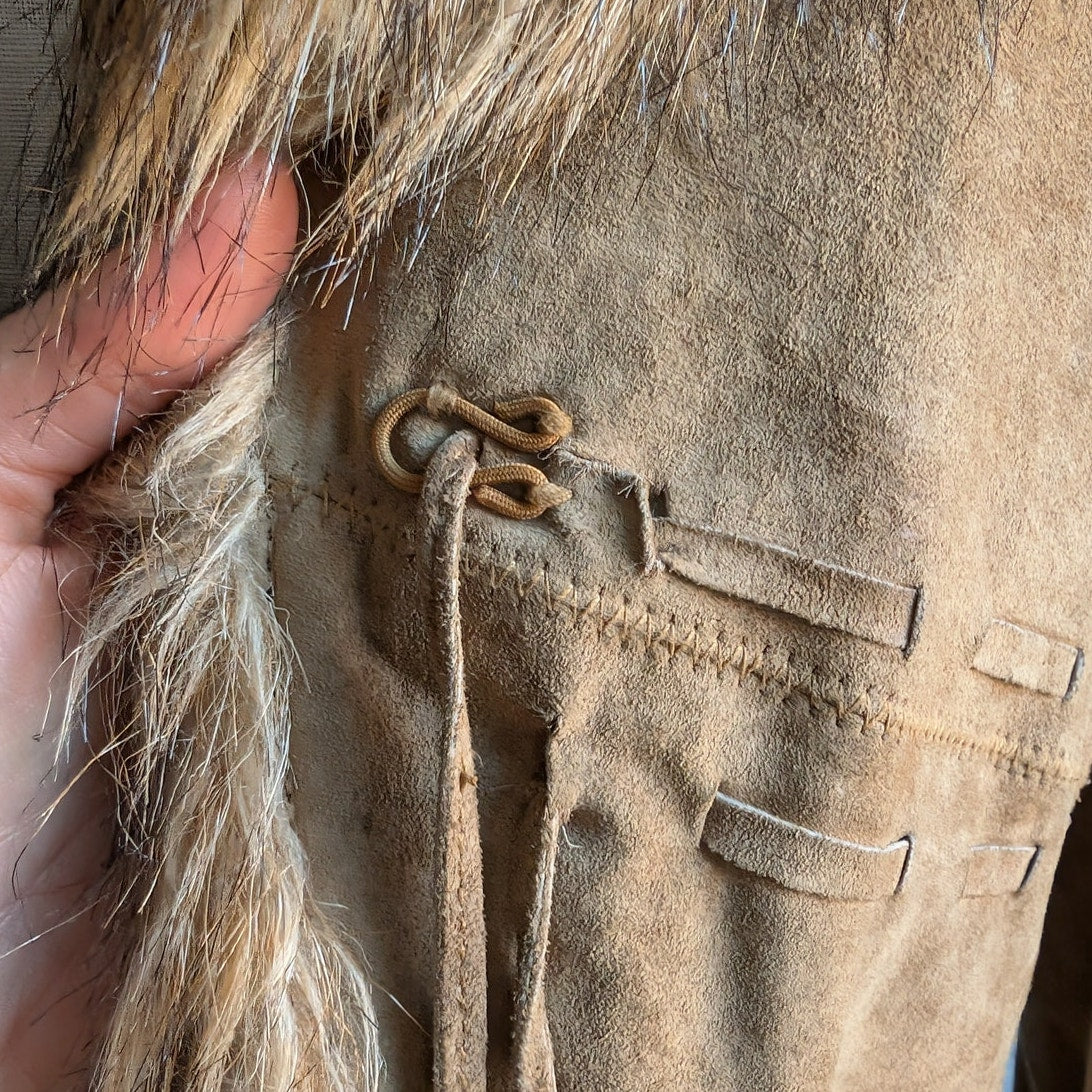 Vintage Brown Suede Penny Lane Jacket Afghan Faux Fur Groovy Leather Trench Coat