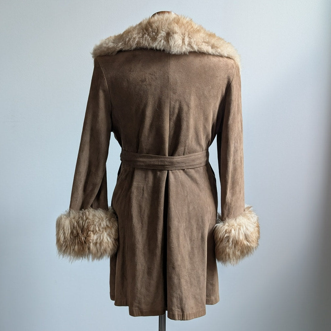 Vintage Brown Leather Penny Lane Coat Tan Suede Fur 70s Afghan Jacket Medium
