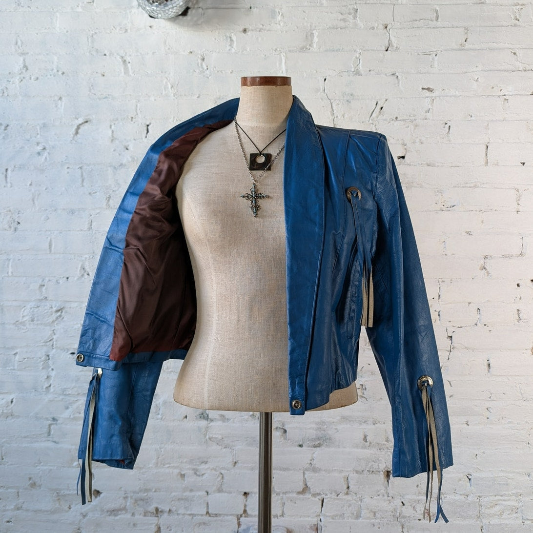 70s Vintage Cropped Fringe Leather Jacket Moto Biker Jacket Western Blue Medium