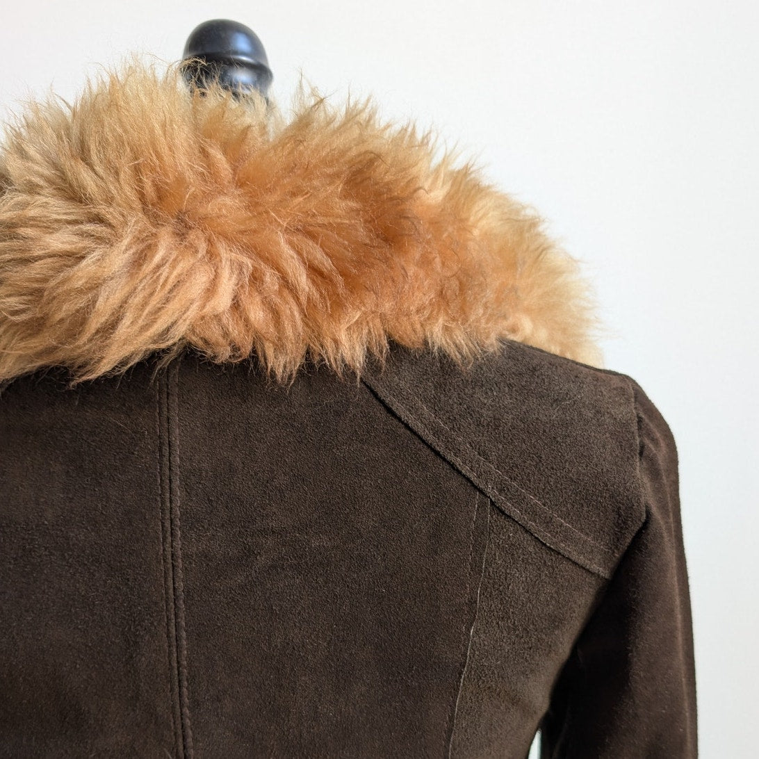 Vintage Brown Suede Penny Lane Jacket Groovy Furry 70s Leather Western Coat Smal
