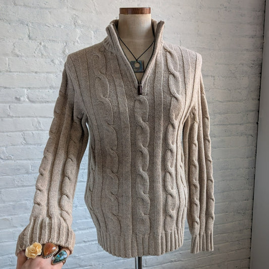 Y2K Neutral Oatmeal Lambswool Cable Knit Sweater Chunky Fisherman Minimalist Top