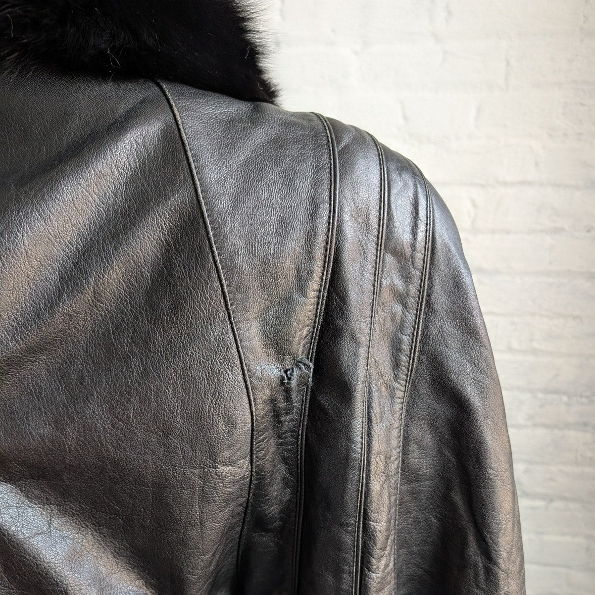 Vintage Black Leather Fox Fur Penny Lane Trench Coat Minimalist Duster Jacket