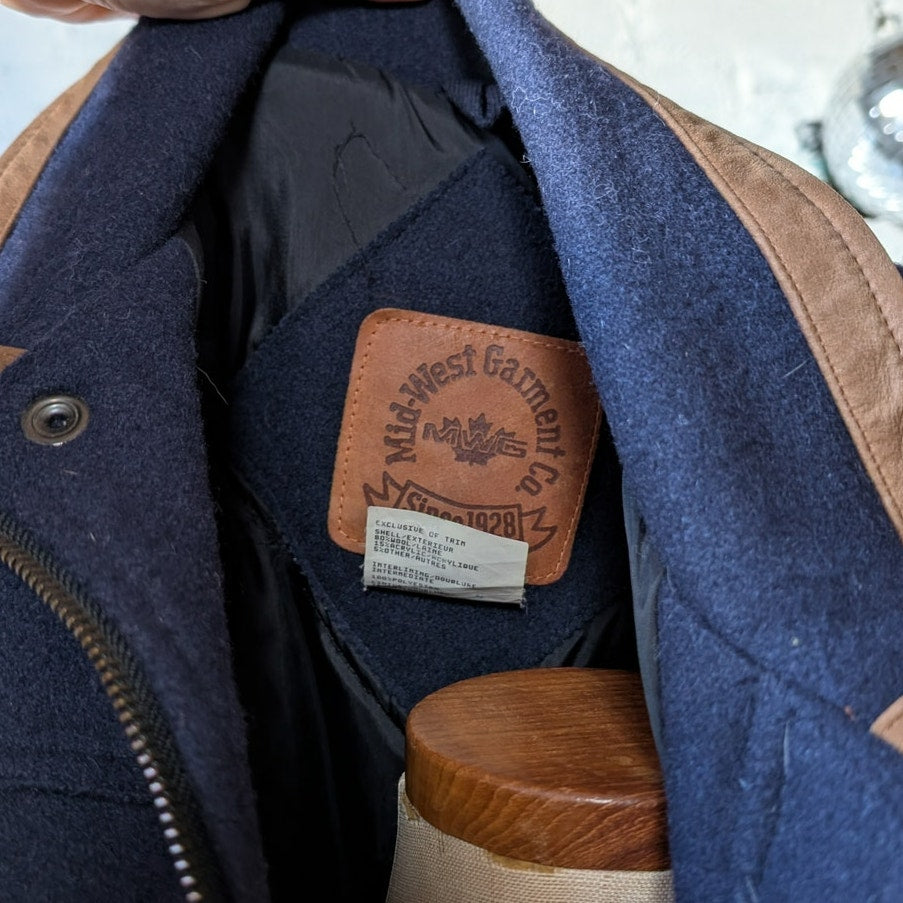 Vintage Navy Wool Leather Bomber Jacket Brown Varsity Western Utility Coat Large