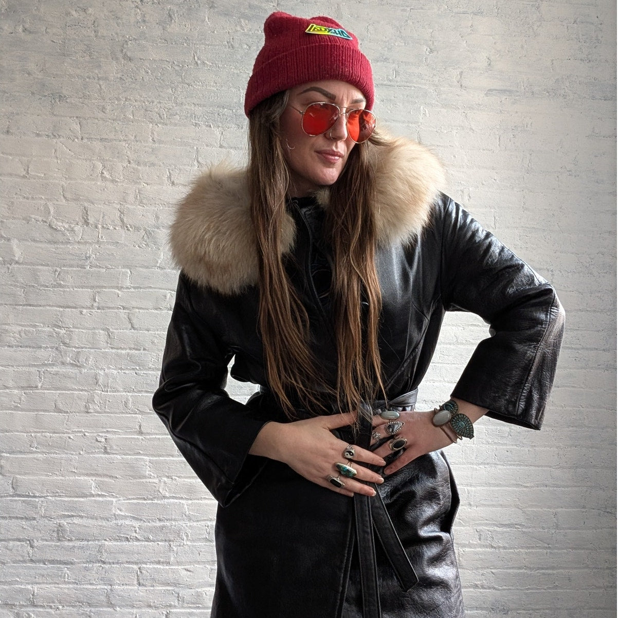 Vintage Black Genuine Leather Penny Lane Coat Fox Fur Trench Minimalist Jacket