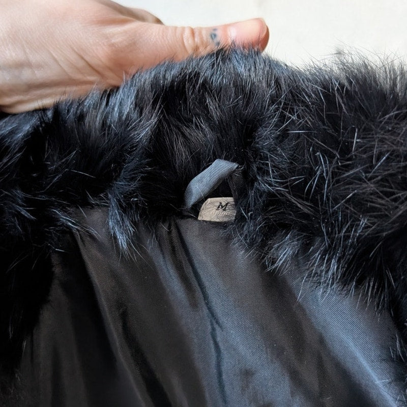 Vintage Jet Black Fur Coat Leather Belted Minimalist Rabbit Furry Fuzzy Jacket