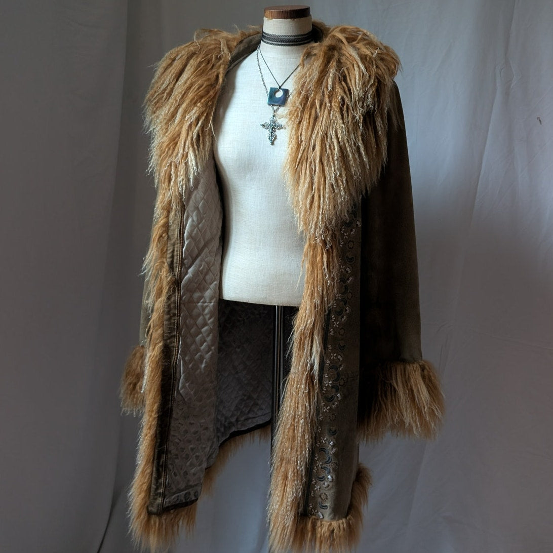 Vintage Rusty Brown Suede Coat L Penny Lane Trench Groovy Fur Jacket Afghan
