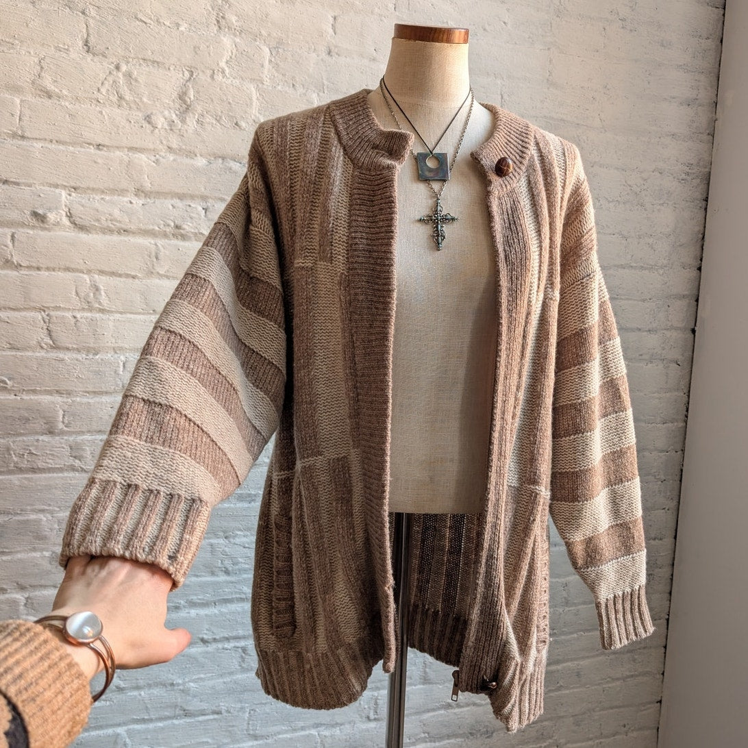 Vintage Wool Neutral Knit Cardigan Zipper Chunky Stripe Sweater Cozy Shacket