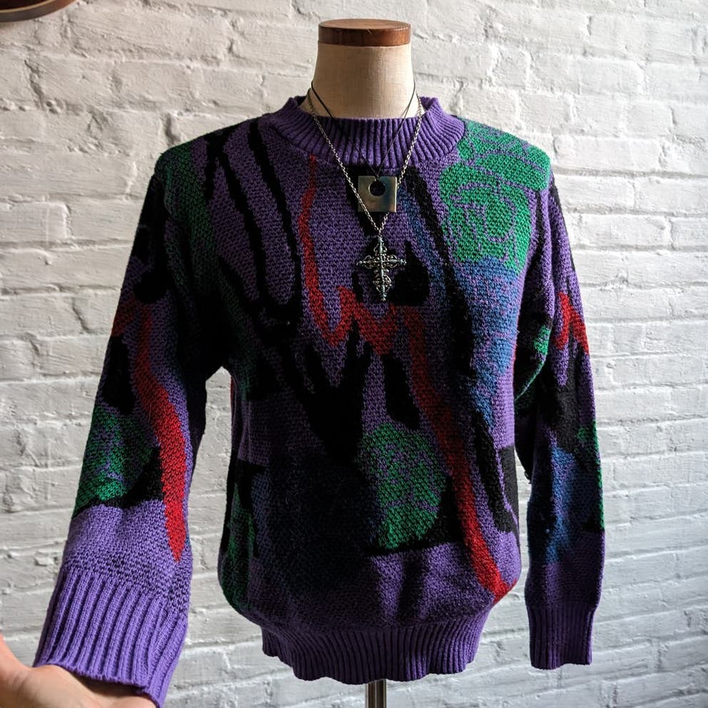 80s Vintage Purple Chunky Knit Grandpa Sweater Abstract Coogi Style Granny Top