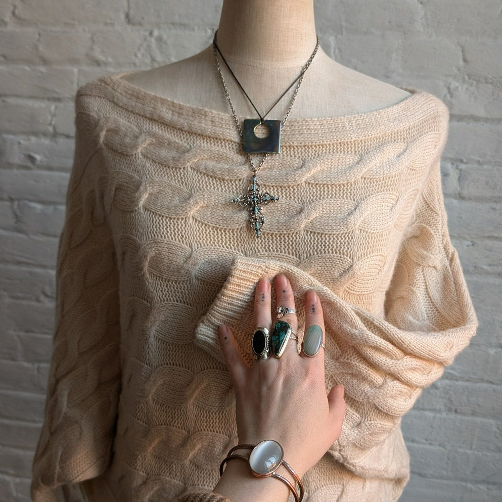 Y2K Mohair Cream Chunky Cable Knit Sweater Hippie Boho Woven Femme Neutral Top