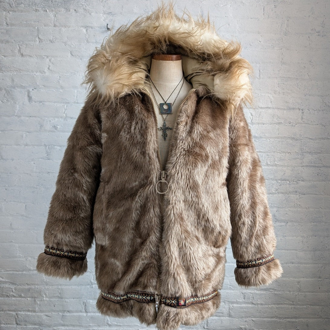 70s Vintage Faux Fur Brown Parka Coat Minimalist Shaggy Fuzzy Hooded Boho Jacket