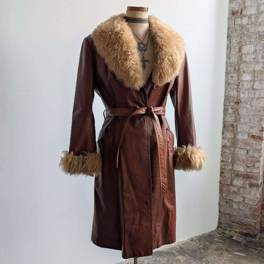 Vintage Leather Jacket Red Brown 70s Penny Lane Trench Coat Afghan Fur Medium