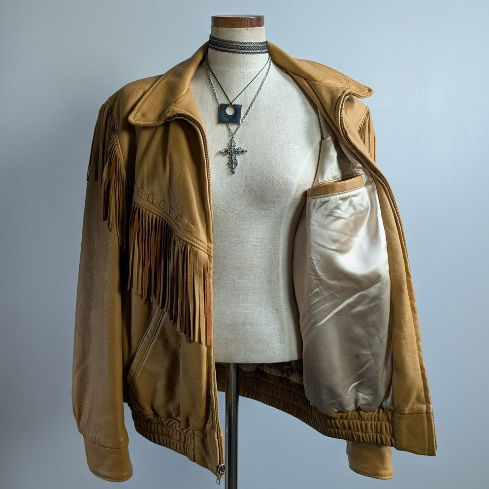 Vintage Neutral Leather Jacket 70s Fringe Biker Western Moto Bomber Coat Large