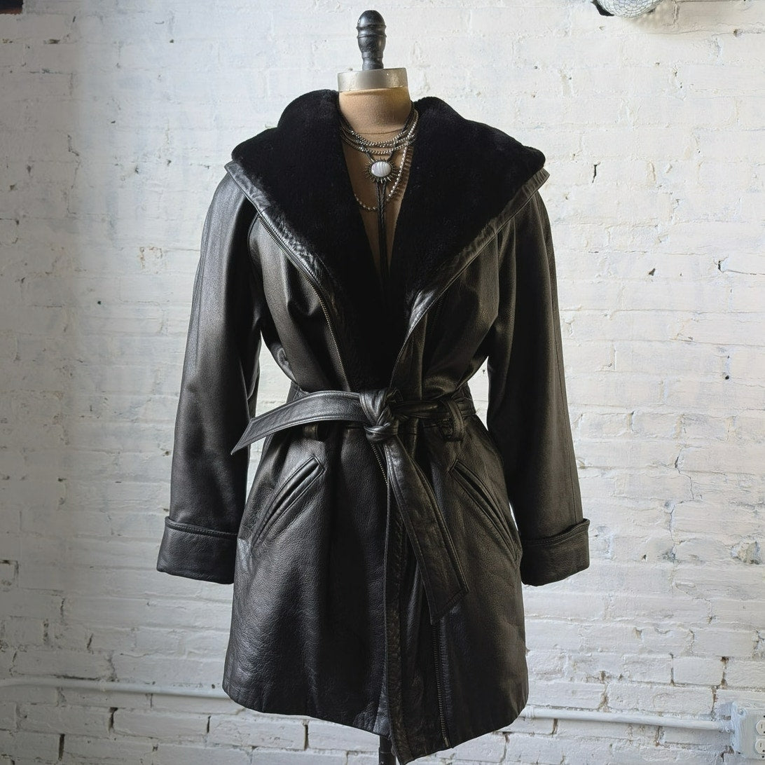 Vintage Black Leather Penny Lane Coat Faux Fur Trench Minimalist Goth Jacket