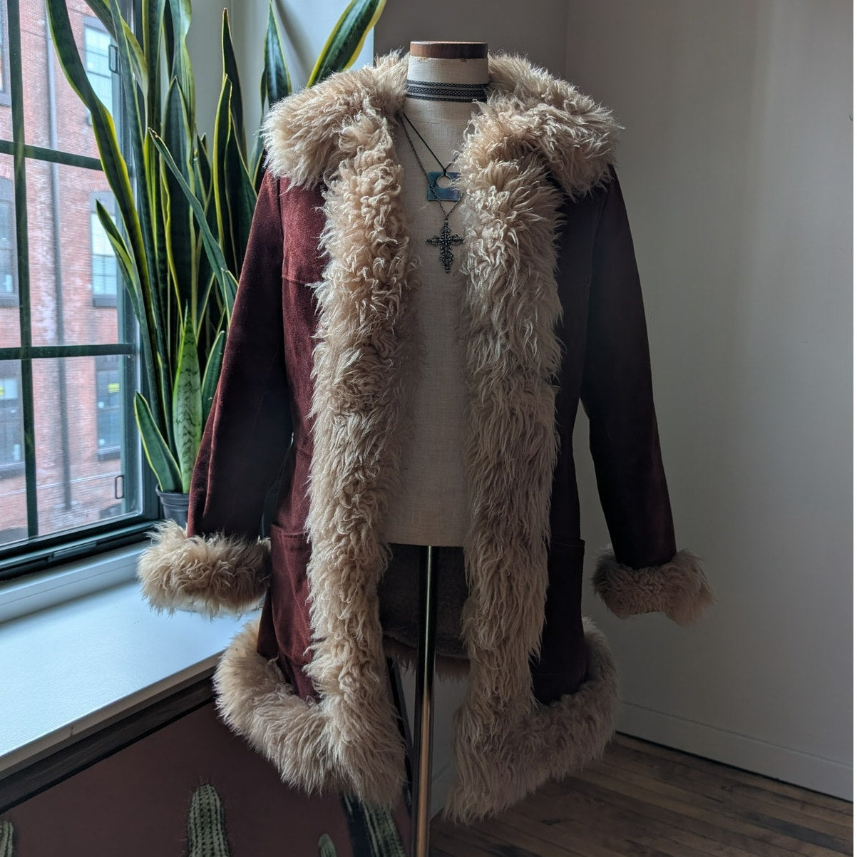 Vintage Red Suede Jacket Leather Penny Lane Coat Fur Trim 70s Trench Coat Small