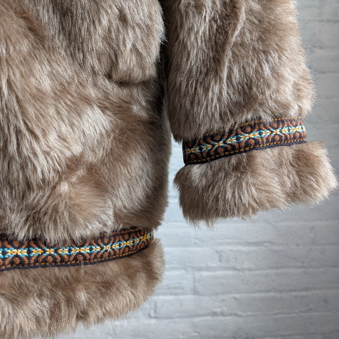 70s Vintage Faux Fur Brown Parka Coat Minimalist Shaggy Fuzzy Hooded Boho Jacket