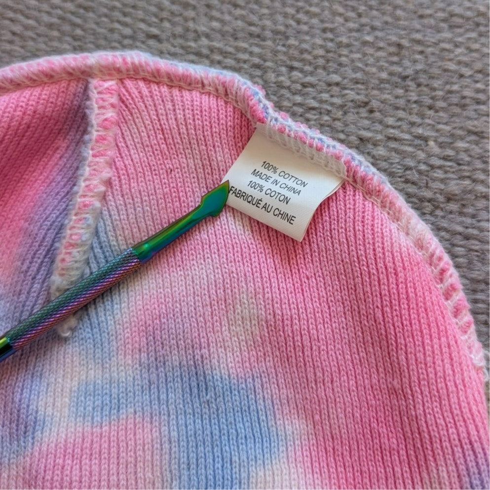 Tie Dye Beanie Pink Blue Cotton Knit Festival Hat Embroidered Exit Bellingham