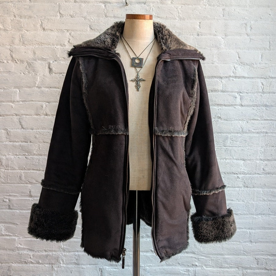 Vintage Black Faux Fur Afghan Penny Lane Jacket Shaggy Furry Boho Trench Coat