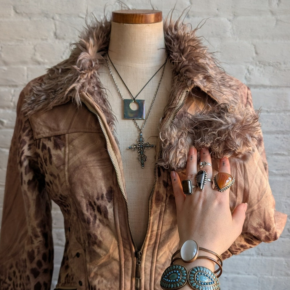 Vintage Faux Fur Cheetah Penny Lane Jacket Neutral Leopard Print Trench Coat
