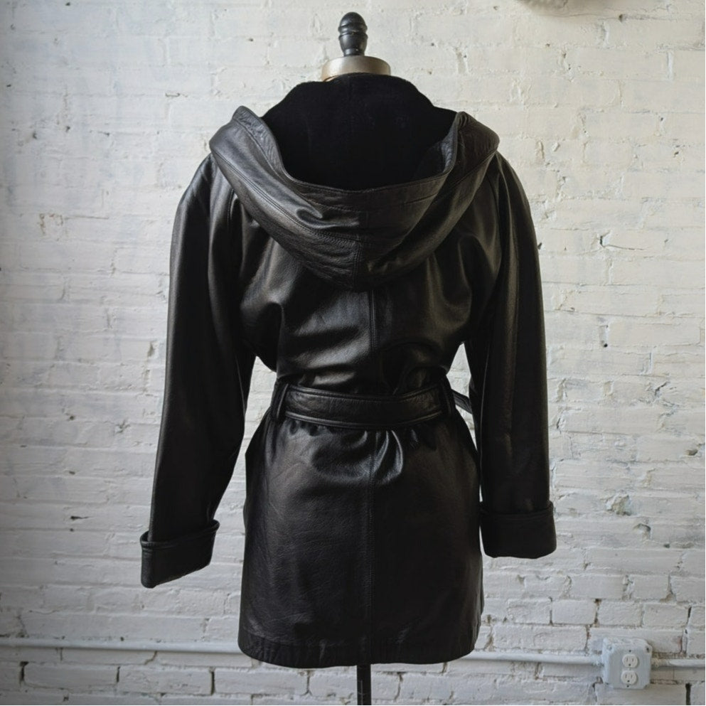 Vintage Black Leather Penny Lane Coat Faux Fur Trench Minimalist Goth Jacket