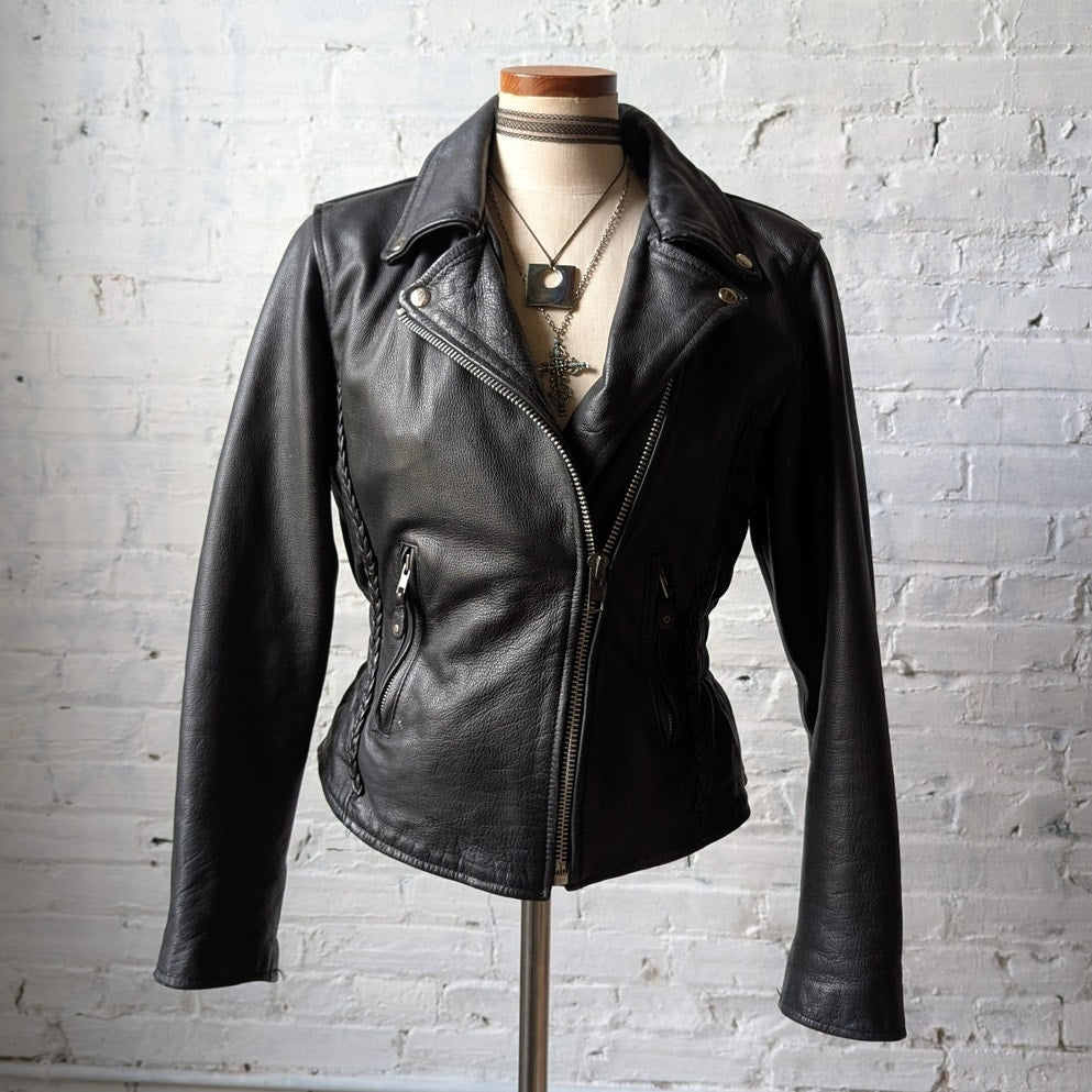 Vintage Black Leather Biker Jacket Minimalist Chic 90s Black Leather Coat Small